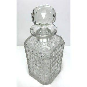 Vtg Square Cut Glass Decanter Round Stopper Barware Liquor Sparkle Glam Deco